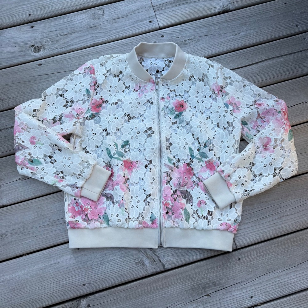 Floral Lace Bomber Jacket White Pink Watercolor Flower Zip Up Lightweight Medium